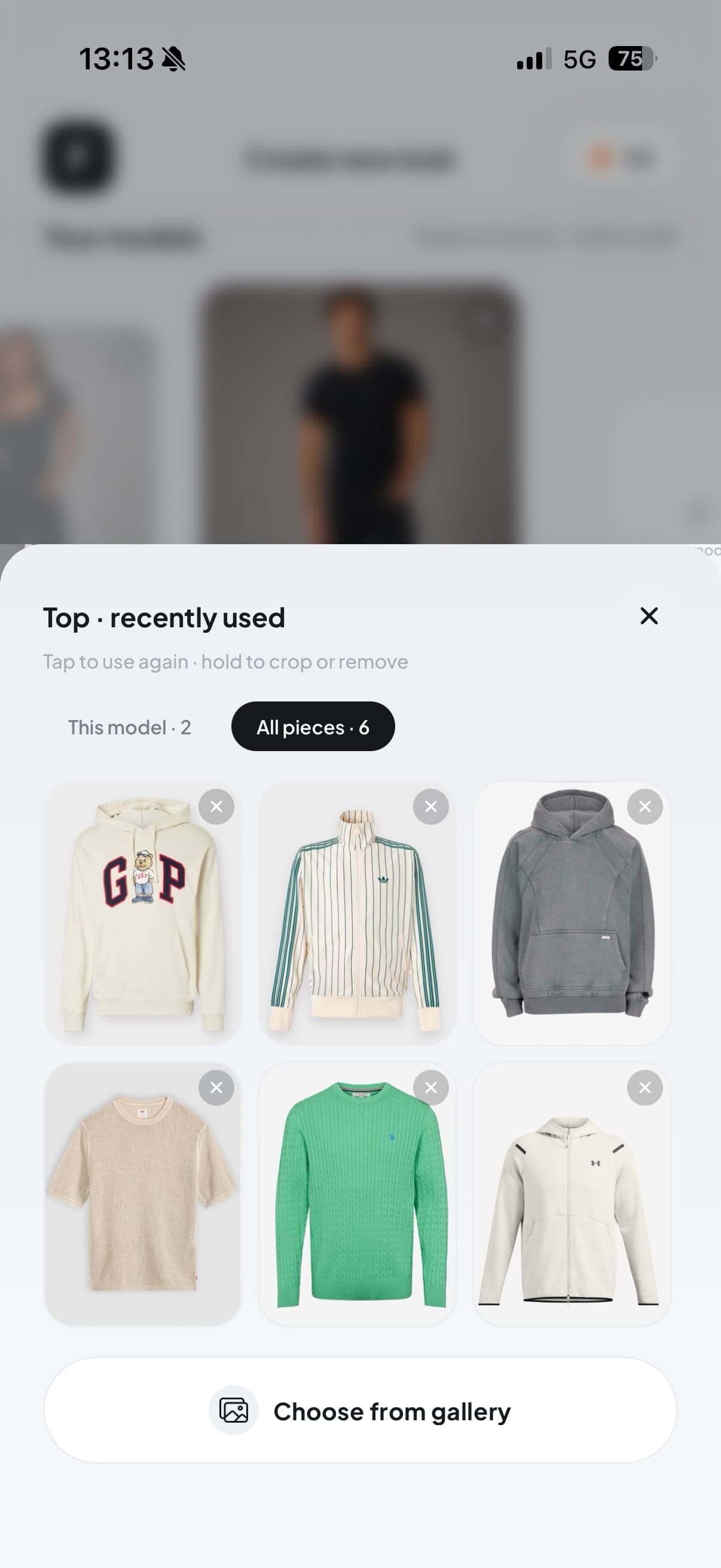 Picking a top from recently used pieces or the photo gallery