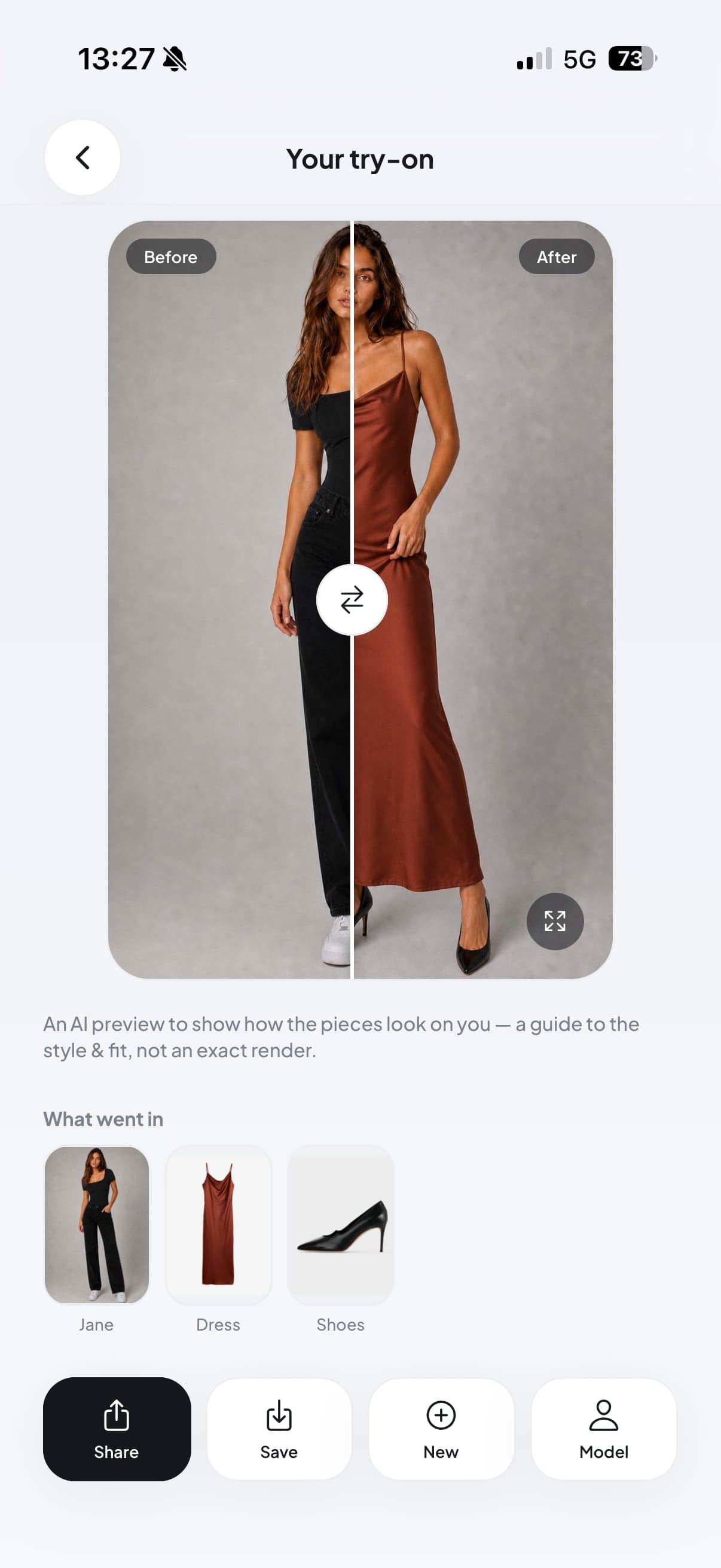 Before and after AI try-on of a satin dress and heels