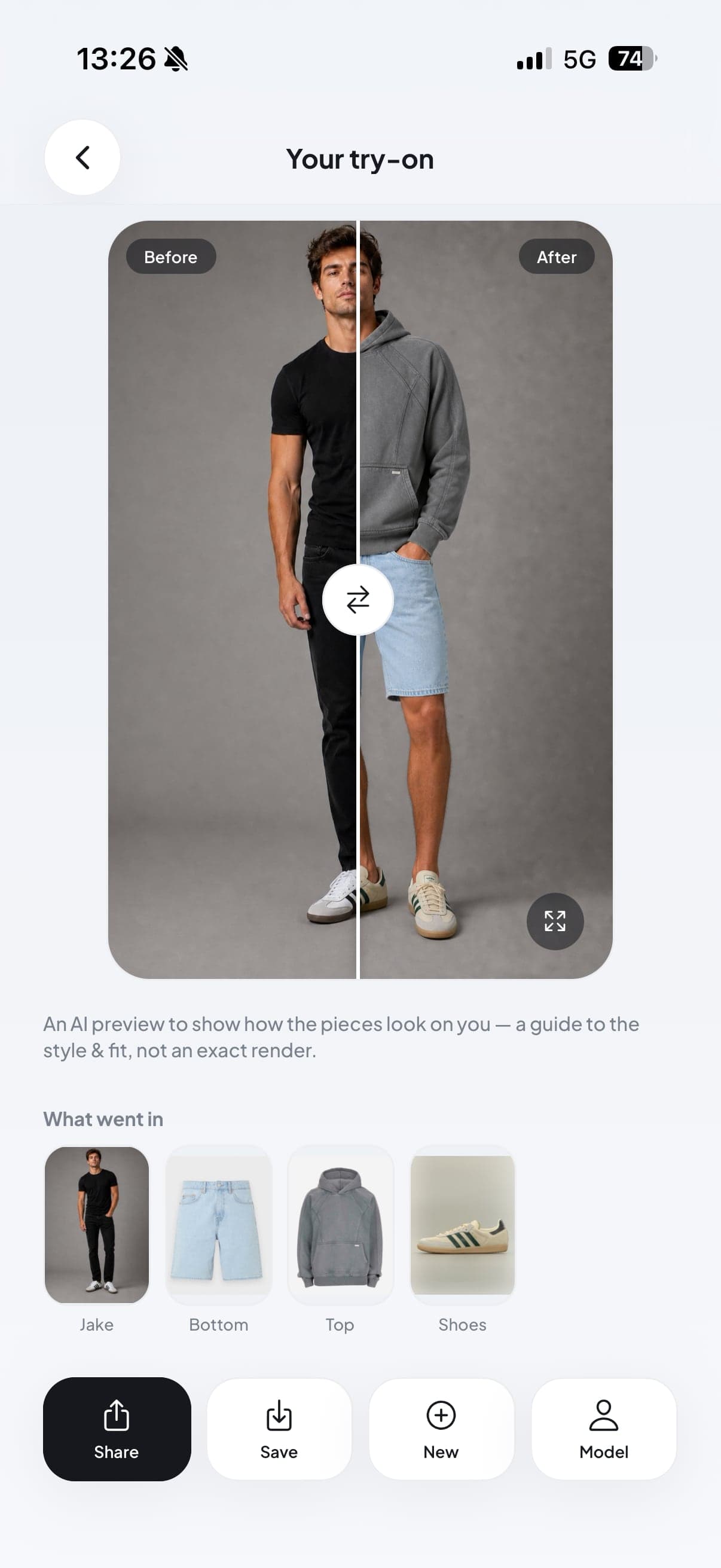 Before and after AI try-on of a hoodie, denim shorts and sneakers