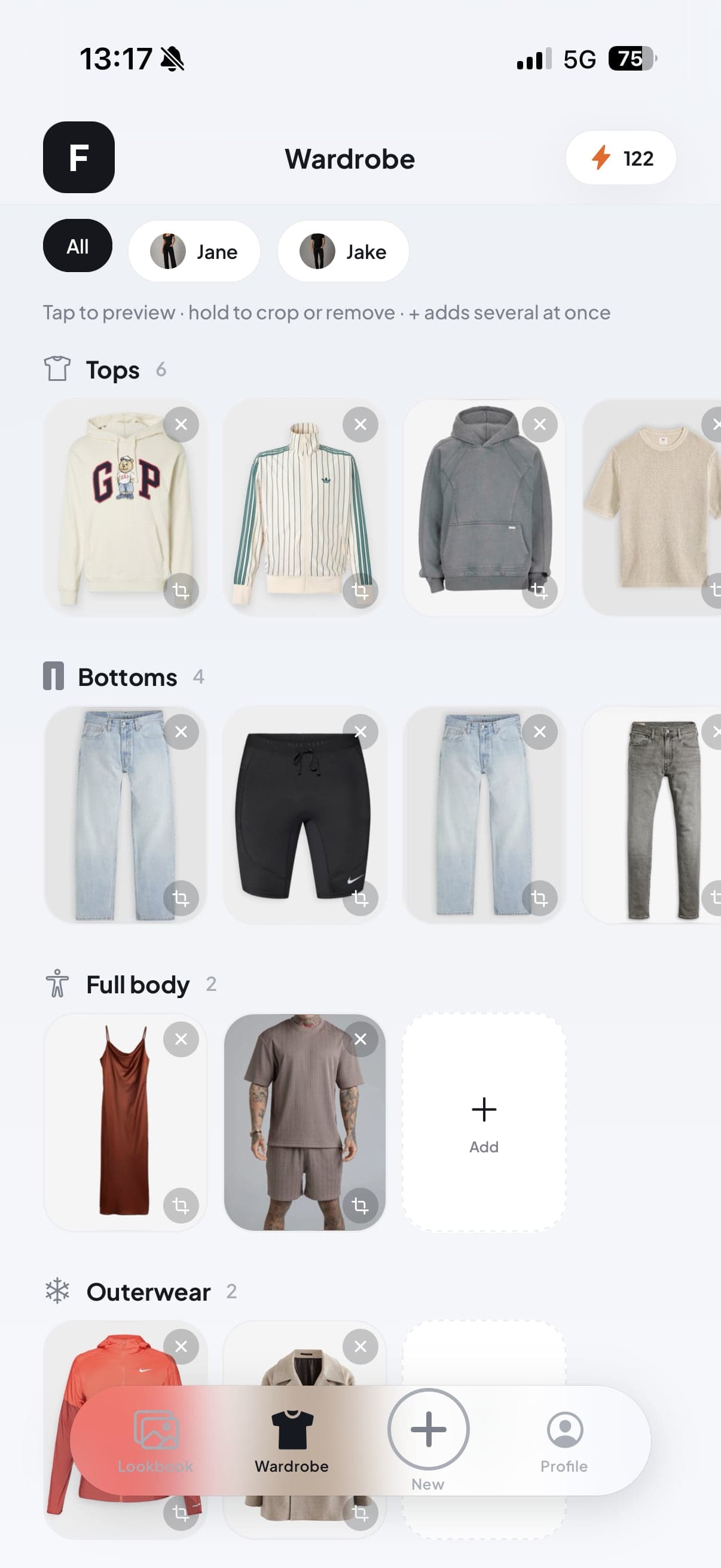 Wardrobe of saved tops, bottoms, full-body pieces and outerwear