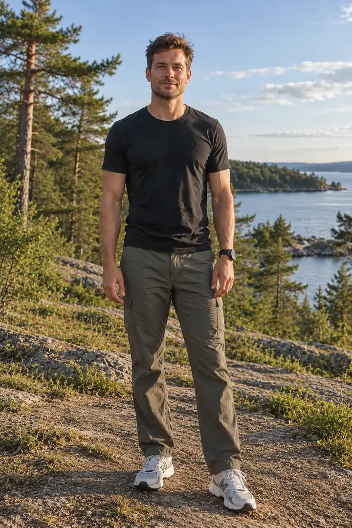 Before: man in a black t-shirt, olive cargo trousers and white sneakers on a rocky seaside hill