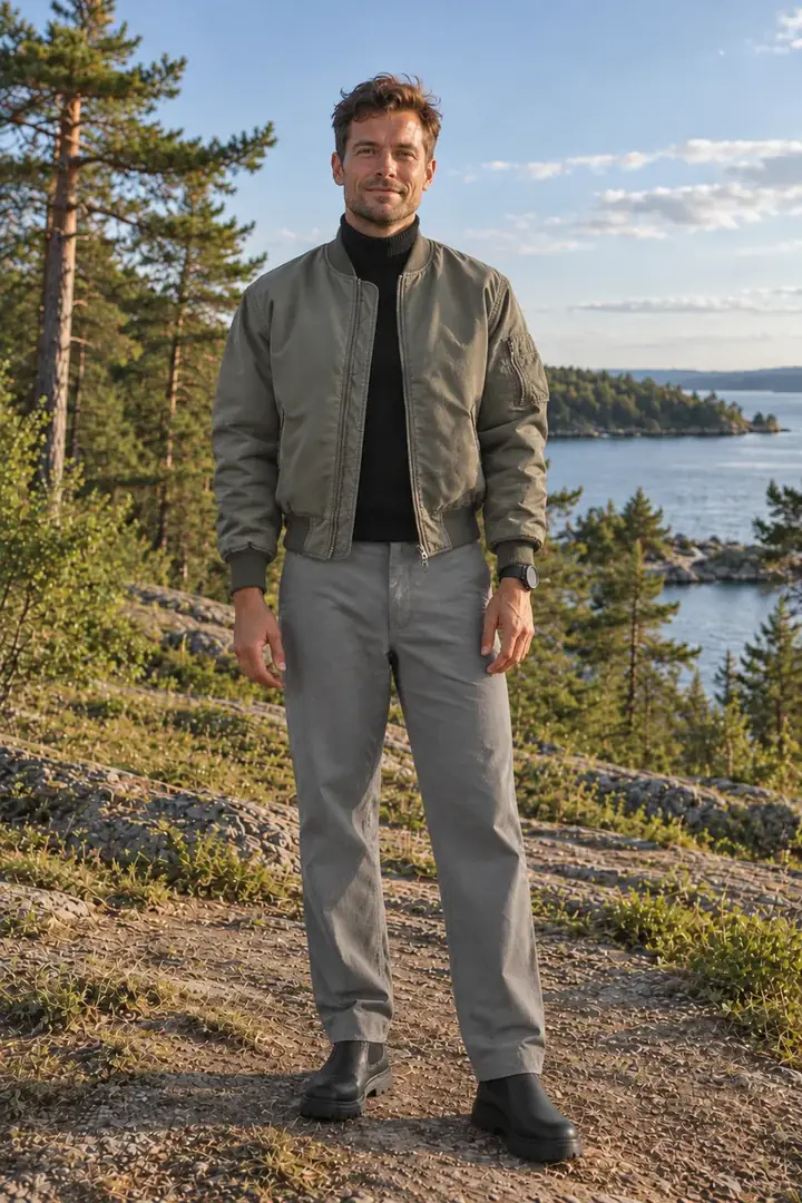 After: the same man in a Fitty AI try-on wearing an olive bomber jacket, black turtleneck, grey trousers and black Chelsea boots