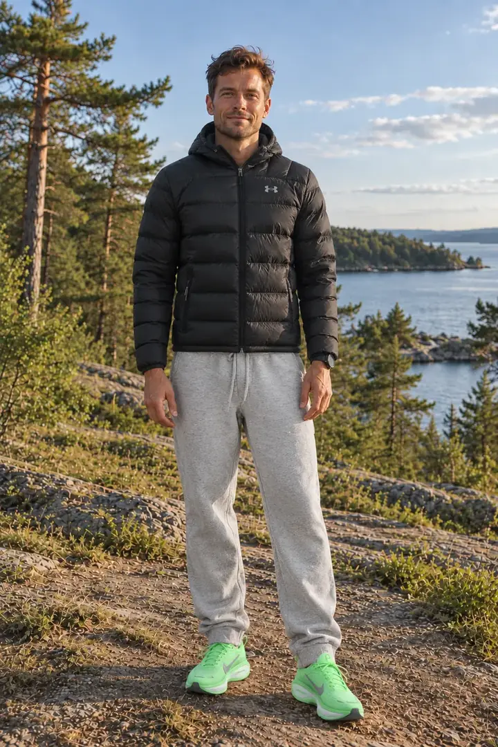 After: the same man in a Fitty AI try-on wearing a black puffer jacket, grey sweatpants and neon green running shoes