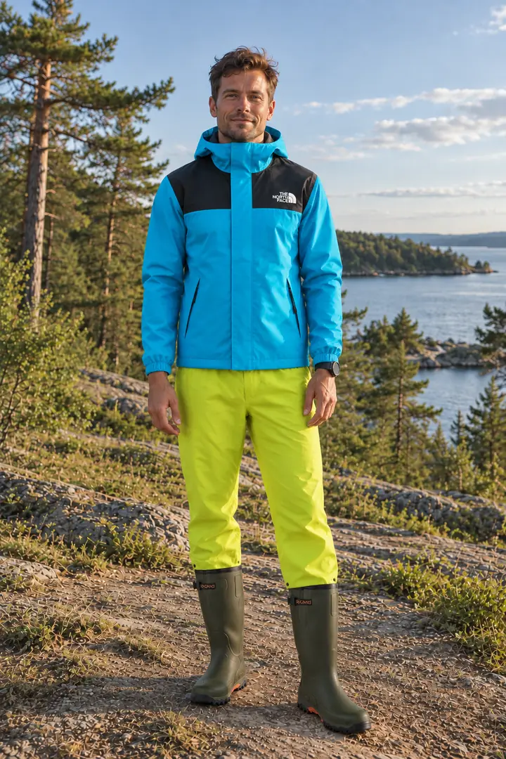 After: the same man in a Fitty AI try-on wearing a blue and black hooded rain jacket, neon yellow rain trousers and green rubber boots