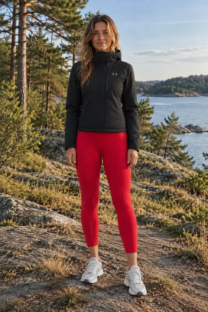 After: the same woman in a Fitty AI try-on wearing a black hooded jacket, red leggings and white sneakers