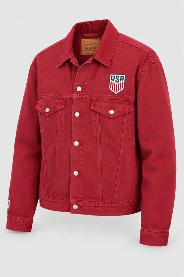 After: the same red denim jacket shaped as if worn, as a Fitty product photo