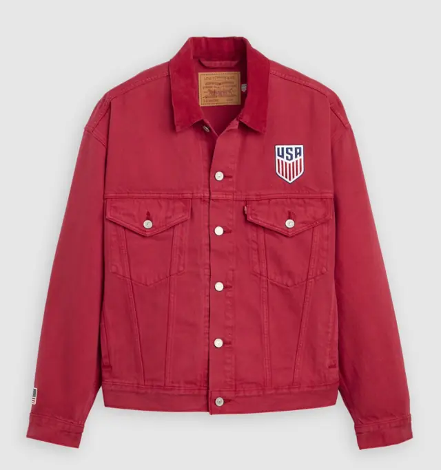Before: red denim jacket in a flat product photo